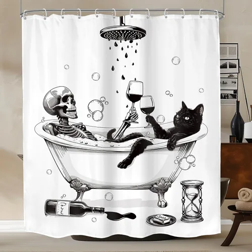 Vista 9 de Cortina de Ducha Divertida de Calavera Esqueleto de Halloween 60Wx72H Gótica Espeluznante Única Genial Hueso en Bañera Burbujas Horror Gato Pez