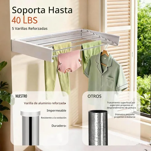 Vista 4 de Tendedero de pared de 31.5 pulgadas, estante de secado de ropa plegable de pared, estante de secado de ropa para ahorrar espacio, estante de secado