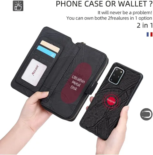 Vista 3 de Asuwish Funda de teléfono para Samsung Galaxy S20 Plus S20+ 5G con cremallera, funda desmontable con protector de pantalla y soporte de tarjeta