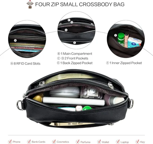 Vista 4 de POIUGOYA Bolsos cruzados pequeños para mujer, bolsos de hombro y bolsos de cuero para mujer, bolso de mano con cuatro cremalleras para cámara