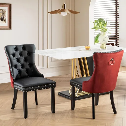 Vista 46 de Juego de 2 sillas de comedor tapizadas de tela de lino, sillas de cocina modernas de mediados de siglo con respaldo alto, ribete de cabeza de clavo