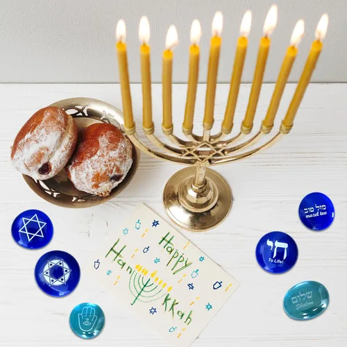 Vista 5 de Judaica Glass Stones: Chai, Estrella de David, Hamsa, Mazel Tov y Shalom en Sombras de Azul, Conjunto de seis, por Lifeforce Glass
