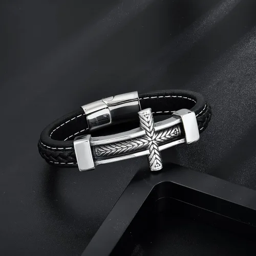 Vista 2 de Pulsera de cuero con cruz para hombre, de acero inoxidable, religiosa y religiosa con cruz lateral, pulsera de oración cristiana, regalo para hombres