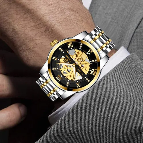Vista 7 de Dentily Reloj mecánico de acero inoxidable esqueleto automático impermeable relojes de negocios para hombre