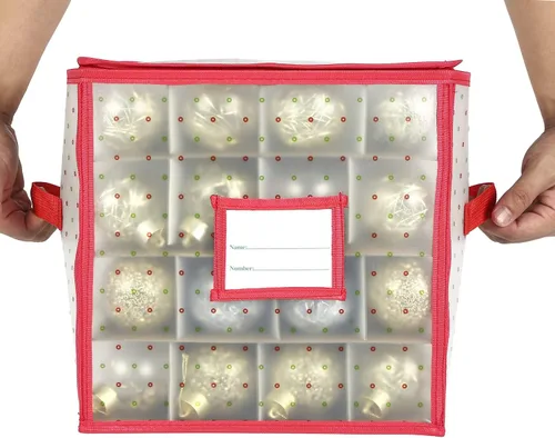 Vista 5 de Sattiyrch Caja de almacenamiento para adornos navideños de plástico con cierre con cremallera - Almacena hasta 64 adornos navideños estándar de 3