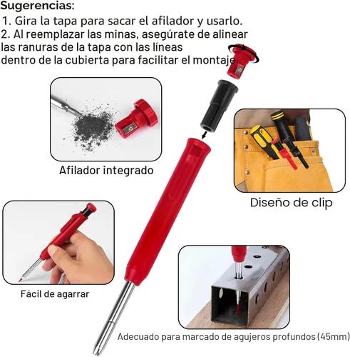 Vista 3 de Paquete de 2 lápices mecánicos de carpintero con 12 repuestos, lápices de construcción con sacapuntas integrado, marcador de punta larga con agujero