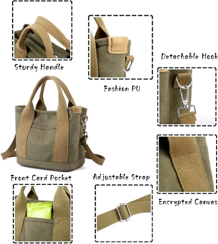 Vista 3 de Bolso pequeño con estilo, mini bolso de hombro de lona, bolso de mensajero para mujer, con cremallera, organizador con bolsillos