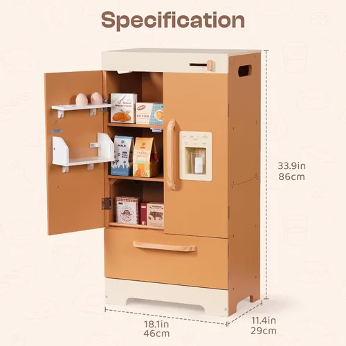 Vista 7 de ROBOTIME Refrigerador de madera para niños, refrigerador de cocina de juguete para niños pequeños, refrigerador de juguete con máquina de hielo