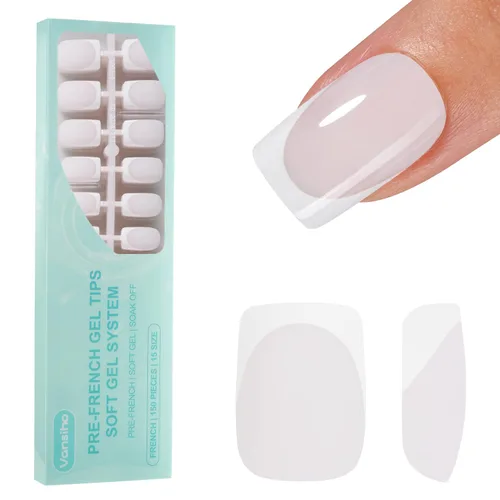 Vista 13 de Vansiho Uñas postizas de gel francés de almendra media, uñas suaves rosadas