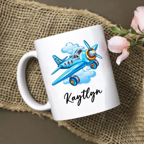 Vista 3 de Taza de café de avión personalizada con nombre de los niños, taza de café de avión personalizada de 11 onzas y 15 onzas, taza de cerámica blanca