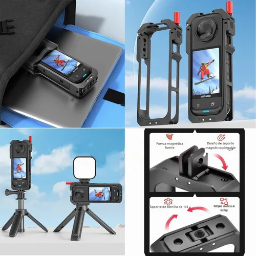 Vista 2 de Insta 360 X5 - Carcasa de aluminio de metal con doble abrazadera y tapa de lente de silicona, protector de pantalla para Insta360 X5 X 5, kit