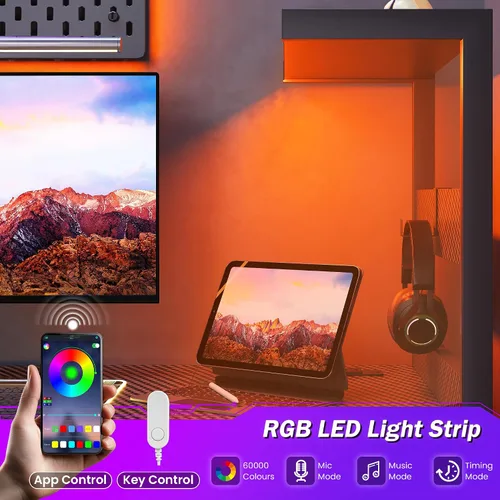Vista 5 de YOUDENOVA Escritorio para computadora de juegos de 40 pulgadas con luces LED, escritorio pequeño con estantes y cajones de almacenamiento, mesa
