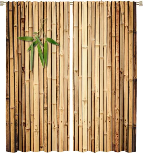 Vista 63 de Cortinas con estampado de bambú, tallos y hojas de bambú, temática oriental natural, oscurecimiento de habitación, ventana, ventana, cortina