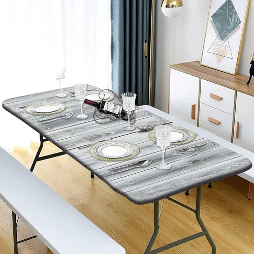 Vista 2 de Mantel rectangular blanco ajustable, textura de madera gris, borde elástico, impermeable, lavable, 72 x 30 pulgadas, paneles de madera antigua