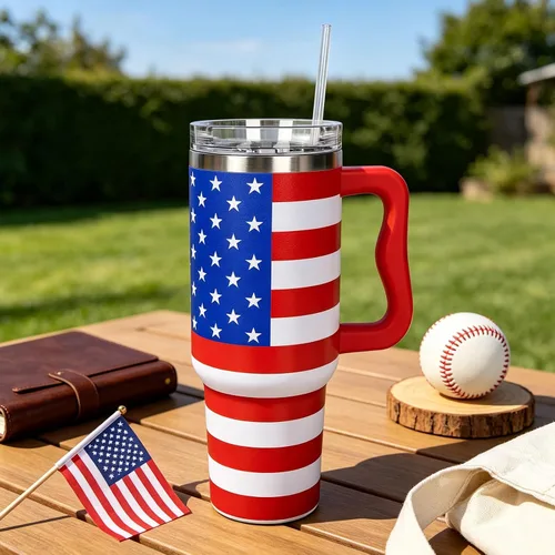 Vista 5 de Whaline Vaso patriótico del 4 de julio de 40 oz con asa, pajita y tapa, estrellas y rayas en rojo, azul y bandera de EE. UU., vaso de viaje del día