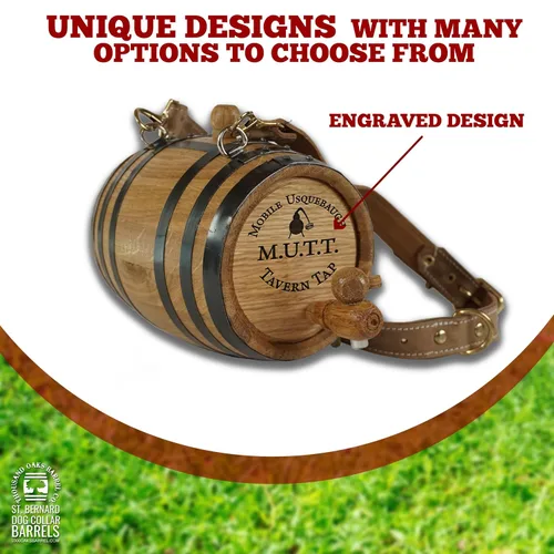Vista 9 de St Bernard - Collar de barril de whisky para perro, 'M.U.T.T.' - Dispensador de barril de roble de 1/2 litro para perros San Bernardo con correa