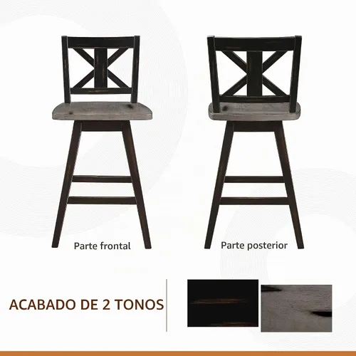 Vista 6 de Homelegance Juego de 2 taburetes de altura de mostrador - Marco de madera maciza, taburetes de madera giratorios de 360°, reposapiés, respaldo en X