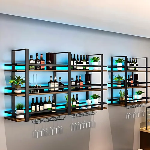 Vista 5 de Estante para vino montado en la pared con luces LED, estantes flotantes de 3 niveles de licor de metal, con estante para copas de vino, estante
