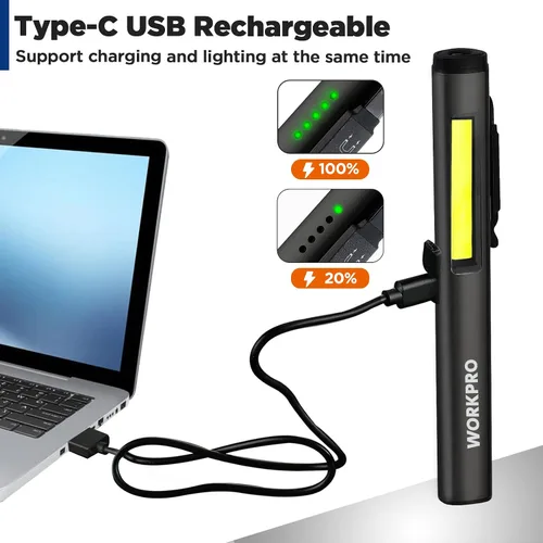 Vista 6 de WORKPRO Linterna de Pluma Recargable, Linterna UV de 365 nm con Luz Negra, Linterna LED de 450 Lúmenes Mini de Bolsillo, para Inspección, Trabajo