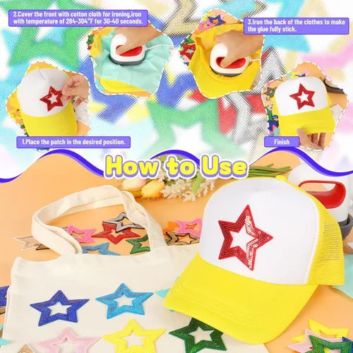 Vista 4 de Parches para planchar con estrellas abiertas para sombreros: funcolor 36 piezas de parches de estrellas de lentejuelas multicolor para bolsas