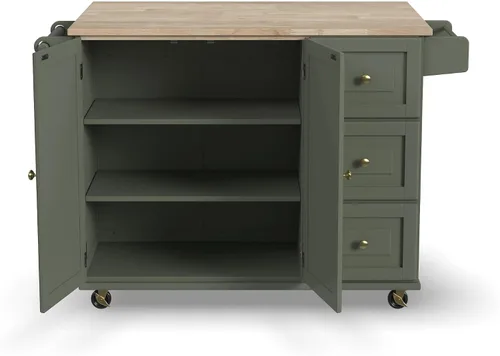 Vista 19 de Homestyles Carrito móvil de isla de cocina con parte superior de madera y barra de desayuno con hoja desplegable, 18" de profundidad x 53.5" de Verde