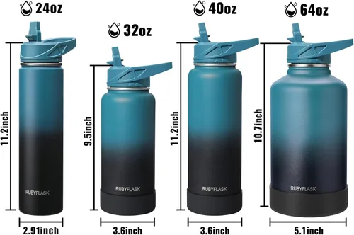 Vista 5 de RUBYFLASK - Botella de agua aislada con pajilla, jarra de agua al vacío de acero inoxidable, 24 onzas, botella con 3 tapas a prueba de fugas