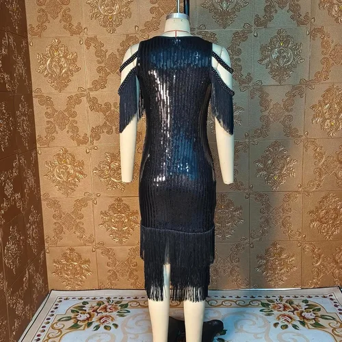 Vista 8 de Cololura Sexy elegante vestido midi bodycon con borlas de lentejuelas para mujer, vestido de noche para fiesta, vestido formal