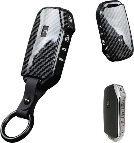 Vista 9 de x xotic tech Funda de llave con patrón de fibra de carbono negro brillante en ABS con cubierta de botón de silicona negra, compatible con KIA K3 4