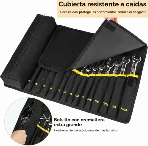 Vista 4 de Organizador de rollos de llaves, bolsa enrollable para llaves con 23+1 bolsillos, rollo de herramientas resistente para llaves métricas y SAE, bolsa