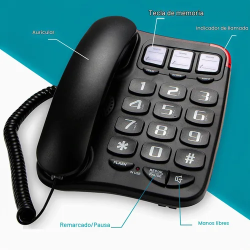 Vista 5 de Teléfono grande con cable de botón para personas mayores, marcación rápida de fotos, control de volumen, altavoz, cable extralargo, alerta de flash