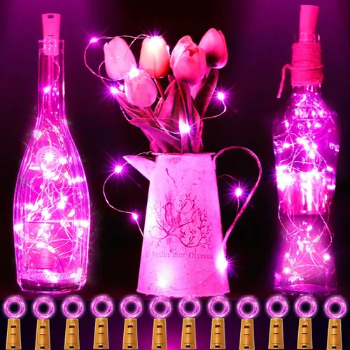 Vista 12 de SmilingTown 12 paquetes de 20 luces LED para botellas de vino con corcho - Cadena de luces de hadas de alambre plateado, luces de corcho operadas