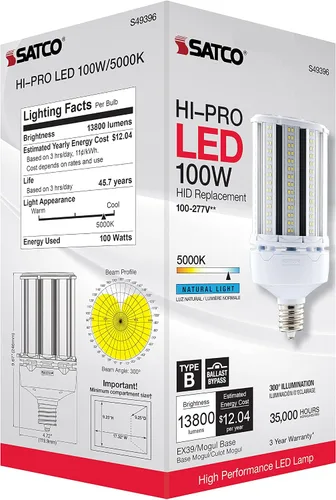 Vista 9 de Satco S49396, bombilla LED de mazorca de maíz de 100 W, reemplazo HID, base EX39, bombilla