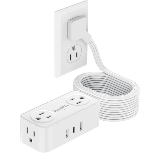 Vista 12 de SMALLRT - Regleta de alimentación con USB, cable de extensión plano de 2 piezas con múltiples tomas, barra de alimentación de enchufe plano de 3.3