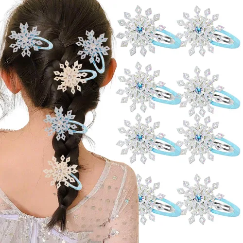 Vista 11 de 8 piezas de pinzas para el cabello con copo de nieve azul y blanco, accesorios para el cabello de Navidad para mujeres, lazo de Navidad para el Azul