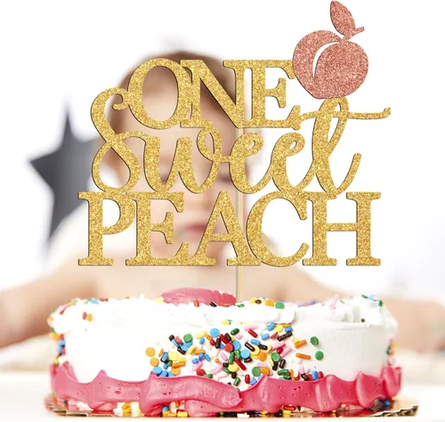 Vista 3 de Miss Onederful One Sweet Peach Cake Topper, decoración de cumpleaños, 1 purpurina dorada y rosa