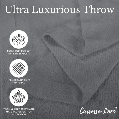Vista 4 de Carressa Linen Manta de Algodón Puro de Lujo, Tamaño Queen, Color Gris Oscuro, con Patrón de Espiga, Ligera, Suave y Acogedora, Manta Premium