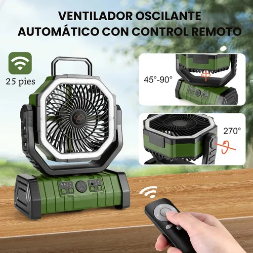 Vista 6 de Odoland Ventilador de camping de 30000 mAh con linterna LED, recargable, funciona con batería, oscilante con control remoto y gancho, ventilador