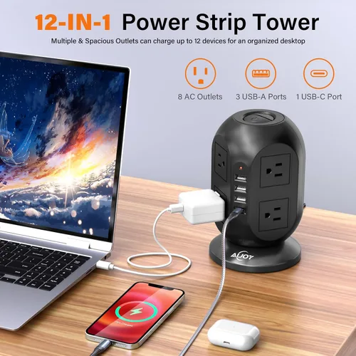 Vista 2 de AiJoy Torre de regleta de protección contra sobretensiones con 8 tomas, 4 puertos USB (1 USB-C), cable de extensión plano de 10 pies con múltiples