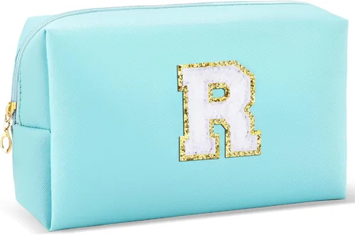 Vista 26 de URSKYTOUS Regalos para niñas, bolsa de maquillaje con inicial, bolsa de cosméticos personalizada con cremallera, bonita bolsa de aseo de viaje, Azul