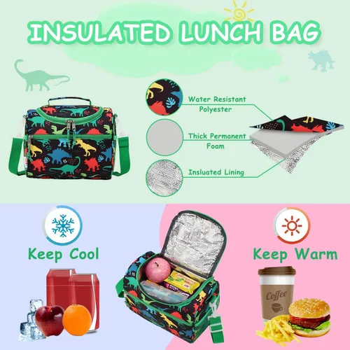 Vista 4 de RAVUO Bolsa de almuerzo para niños, reutilizable, aislada, lindo kit de comida térmica para niños pequeños con correa de hombro desmontable