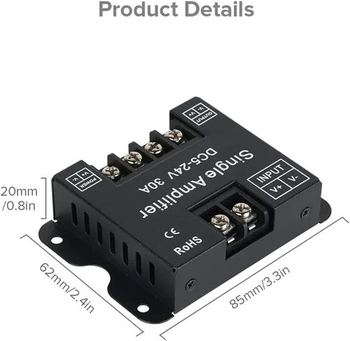Vista 2 de BTF-LIGHTING COB FCOB 2835 3014 3528 5050 Controlador Amplificador de Señal de 1 Canal Compatible con V- V+ Luz de un Solo Color de 2 Pines Tira LED