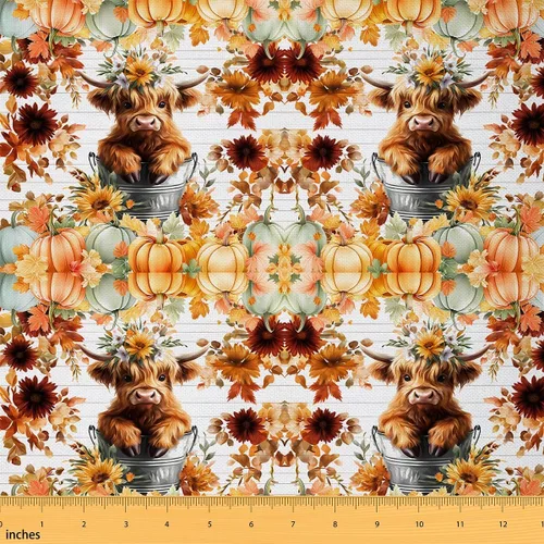 Vista 29 de The Yard - Tela con texto en inglés «Hello Fall», 36 pulgadas de largo x 59 pulgadas de ancho, hojas de árbol de calabaza otoñal, tela de tapicería