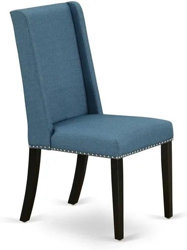 Vista 5 de East West Furniture FLP1T21 Florence Parson Sillas – Juego de 2 sillas de comedor tapizadas de tela de lino azul con ribete de clavo, color negro
