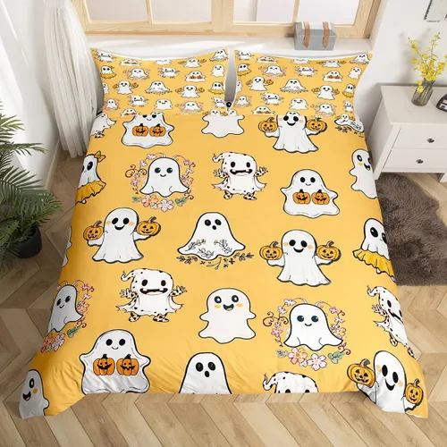 Vista 18 de Juego de funda de edredón de esqueleto, tamaño individual, estampado de flores de esqueleto humano, juego de ropa de cama con temática de Halloween