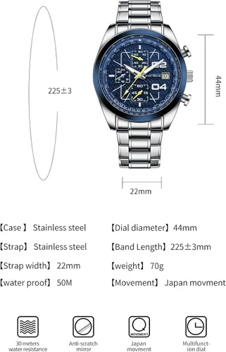 Vista 6 de Relojes de pulsera para hombre, cronógrafo, casual, de cuarzo, con correa de acero inoxidable, impermeable, taquímetro, fecha