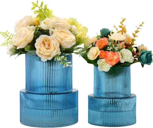 Vista 64 de Jarrones de vidrio acanalado, juego de 2 jarrones estriados para flores, florero de vidrio ámbar para tulipanes, jarrón moderno para sala de estar