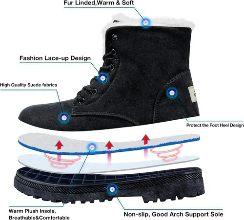 Vista 5 de HARENCE Botas de nieve de invierno para mujer botines con forro de piel cálida con cordones para caminar al aire libre botas para mujer