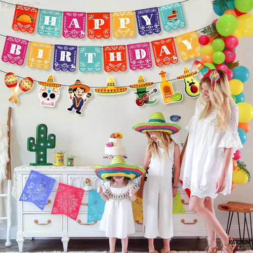 Vista 5 de KatchOn - Cartel mexicano de feliz cumpleaños, 15 pies preencordado, decoraciones de cumpleaños mexicanos, decoraciones de fiesta de fiesta