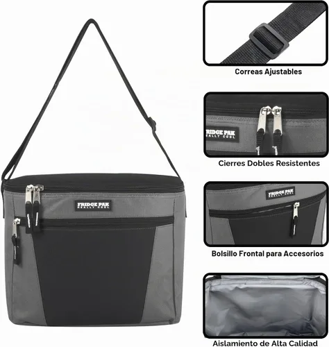 Vista 2 de Fridge Pak Lonchera aislada para adultos y bolsa enfriadora de latas de gran capacidad para 12 latas Gris/Negro