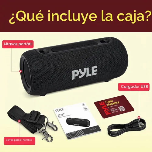 Vista 8 de Pyle Altavoz Bluetooth portátil - LED RGB, IPX5 impermeable, emparejamiento estéreo TWS, USB/AUX/FM, micrófono integrado, carga USB-C, batería 7H
